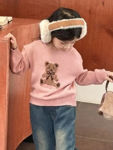 SHEIN Little Byeori Suéter de cuello redondo con estampado de oso para niña, top casual escolar, suéter de punto lindo con gráfico de oso para invierno - Multicolor - Ver 6