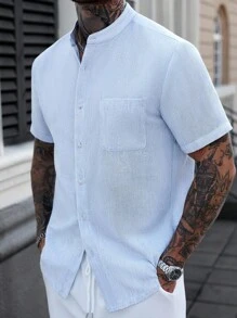Manfinity Homme Áo sơ mi nam tay ngắn cài nút cổ đứng màu trơn vải lanh - Màu xanh lam - Xem 6