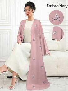 Al Najma 撞色装饰碎花刺绣系带和服长袍 - 粉色 - 查看 1
