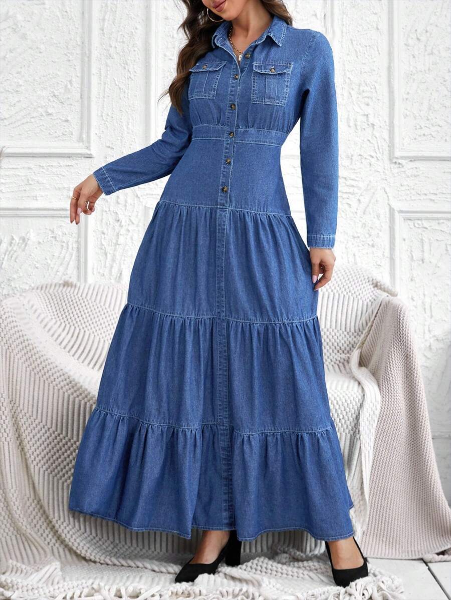 EMERY ROSE Women's Long Sleeve Single-Breasted Utility Pocket Ruffle Hem Casual Denim Dress, Fall Women Clothes