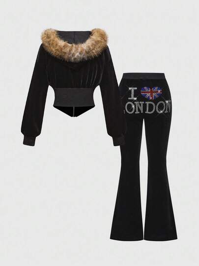 J-Fashion Set de 2 sudaderas con capucha de terciopelo con parches de strass y cuello de piel para mujer, para otoño/invierno