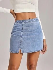 SHEIN Tall 女式休闲牛仔裙，侧开衩褶饰下摆 - 藍色 - 查看 3