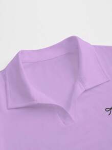 SHEIN EZwear 女士休闲蝴蝶结印花短袖T恤，夏季 - 淡紫色 - 查看 3