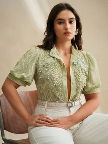 Anewsta Áo cánh tay phồng màu xanh lá cây đính cườm và đá pha lê thủ công thanh lịch dành cho nữ cỡ lớn - Màu xanh Cadet - Xem 6