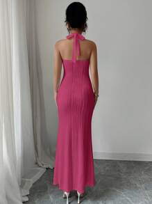 Elenzga Women's Elegant Solid Color Textured Fitted Halter Tie Maxi Fish Tail Dress