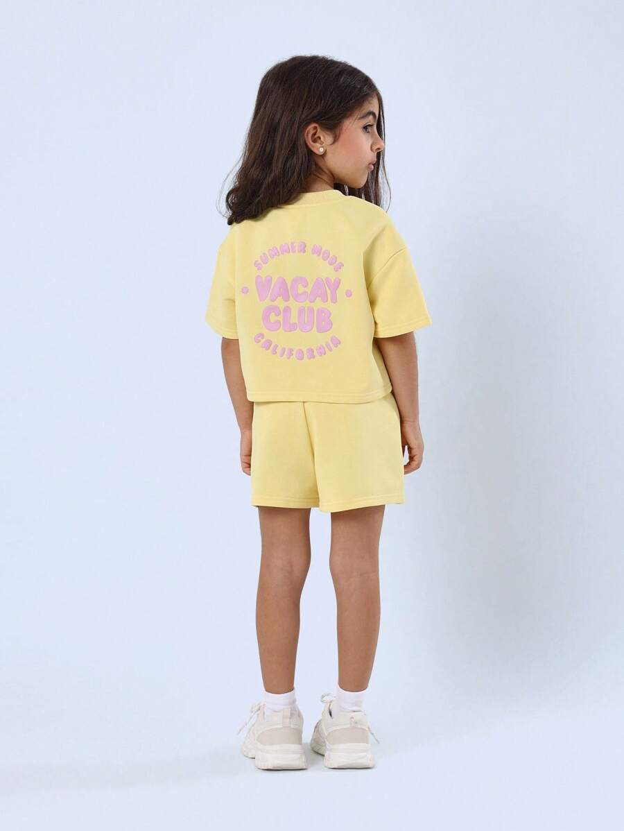 夏季休闲露脐上衣和短裤套装 儿童加州俱乐部度假两件套街头运动时尚服饰 假日活力运动服 - 黃色 - 查看 1