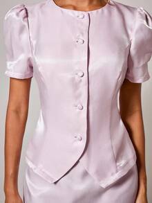 COSMINA Women's Elegant Fashion Button Puff Sleeve Top & Skirt 2 Pieces Set - Pink - View 6