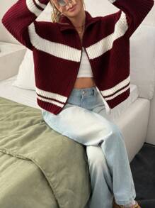 EURMUSE Women Stripe Pattern Rib Knit Zipper Detailed Drop Shoulder Cardigan,Long Cardigans Woman,Petite Cardigans,Cardigans - Burgundy - View 6