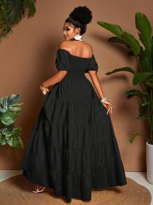Maweii Plus Size Solid Color Off-Shoulder Dress, Casual Holiday Style - Black - View 2