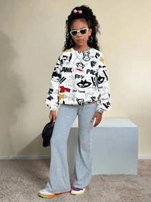 Paul Frank X SHEIN Tween Girl Fall/Winter Cartoon&Letter Graphic Oversize Pullover Sweatshirt,White With Black Polka Dots,Autumn,Streetwear,School,Back-To-School,Thermal - White - View 4