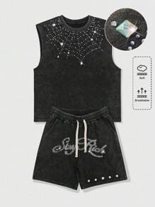 ROMWE MEN Street Life Men's Casual Washed Rhinestone Decor Tank Top & Shorts Set (Rhinestone Design Random)