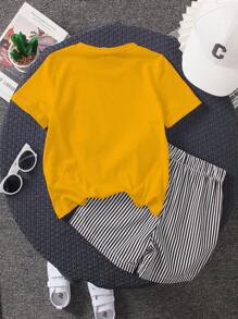 SHEIN 2 件装年轻男孩学校风格刺绣铅笔条纹休闲短裤，夏季百搭，适合上学、日常外出、度假、度假、旅行、放松、日光浴、返校季 - 黃色 - 查看 2