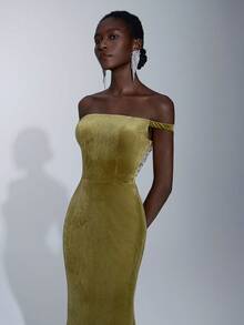 Elitara Elegantes vintage Samt-Kleid, Off-Shoulder Ausschnitt, rückenfreiem Design, Perlenbesatz und Meerjungfrauensaum, geeignet für Partys, Geburtstage, Bälle, Cocktail-Tees, Geschäftsveranstaltungen, Galas und andere formelle Anlässe - Armeegrün - Übersicht 7
