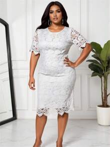 DAZY 大码女式纯色圆领短袖蕾丝后开衩中长连衣裙，优雅春夏季 - 白色 - 查看 1
