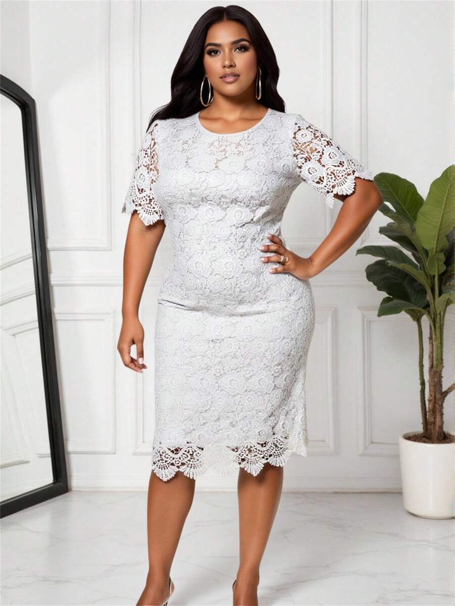 DAZY 大码女式纯色圆领短袖蕾丝后开衩中长连衣裙，优雅春夏季 - 白色 - 查看 1