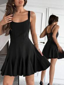 EURMUSE Summer Spagetti Strap Black A-Line Mini Dress, Back Drawstring Detailed Elegant Dress - Black - View 7