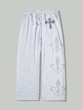 Goth Pantalones de chándal de pierna ancha con cintura con cordón, bolsillos y estampado floral con rhinestones para hombre