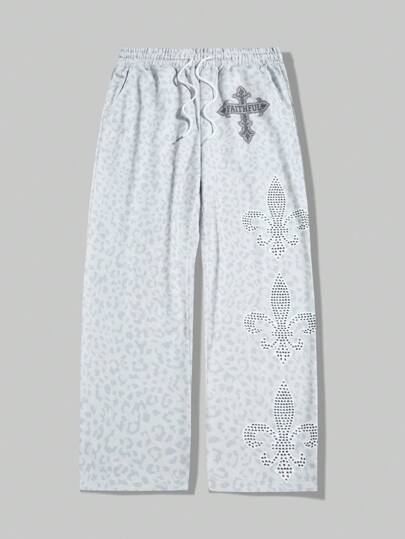 Goth Herren Strass Blumen Muster Kordelzug Taille Taschen Weite Bein Jogginghose