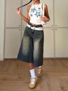 SHEIN 少女春夏 Y2K 休闲百搭复古水洗宽松口袋宽松破洞牛仔阔腿牛仔裤、夏季海滩波西米亚风度假短裤、夏季早午餐毕业典礼、夏季狂欢音乐会节日街头服饰 - 深色水洗藍 - 查看 4