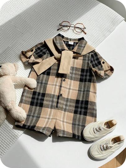 SHEIN 2pcs/Set Newborn Baby Unisex Khaki Plaid Short Sleeve Romper And Shawl Set, Comfortable Casual Versatile Outfit For Indoor, Outdoor, Daily, Sports, Play, Party, Photo Shoot, Holiday, Spring And Summer
