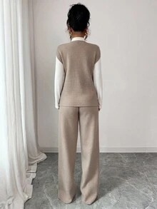 Siren Gaze 2 peças femininas cor sólida decote em V botão cardigan suéter colete e calças terno casual, conjunto confortável, suéter feminino 2 peças roupa outono/inverno - Damasco - Ver 2