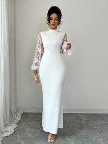 Elenzga Women's Elegant Long Patchwork Lantern Sleeve Dress Fall Cloth For Women