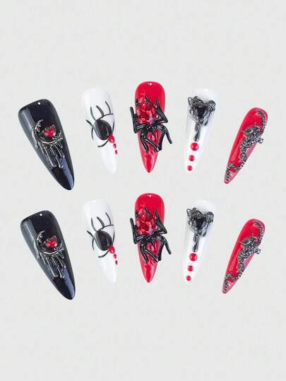 Anime 10pcs Gothic Punk Spider Chain Cross Niche Weird Moon Heart Fake Nails With 1pc Tape, Halloween