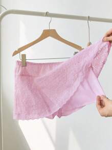 Elamini White Lace Patchwork Decor Mini Low-Waist Hollow Embroidered Fabric Chic & Versatile Spring/Summer Super Skirt Shorts - Pink - View 7