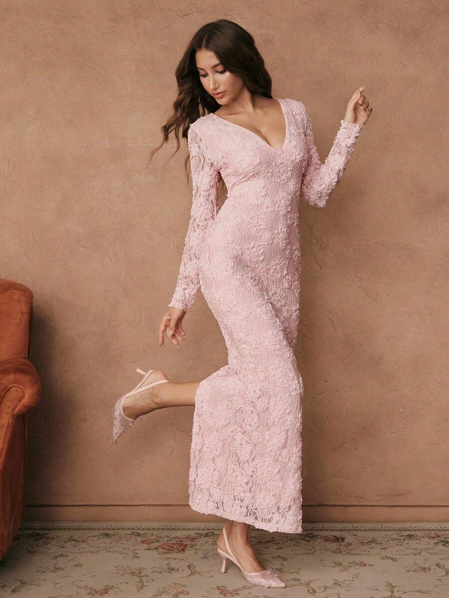 Anewsta Savoree Đầm dài tay xẻ tà sau lưng khoét sâu chữ V màu hồng lãng mạn thanh lịch dành cho nữ, ren hoa 3D ôm sát eo - Hồng - Xem 1