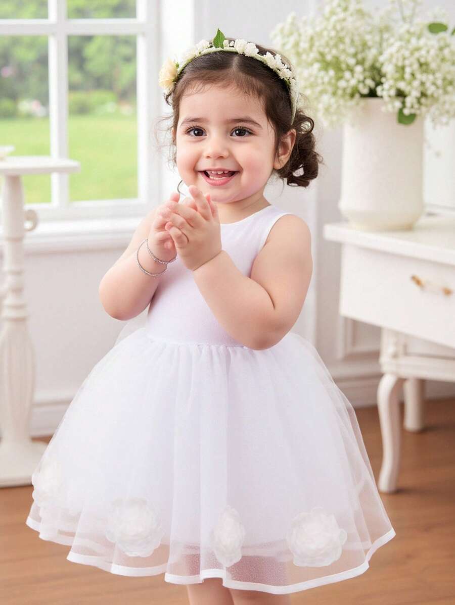 SHEIN Baby Girl Woven Solid Color Splice Mesh Snug Fit Dress - White - View 1