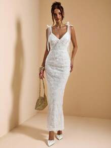 SHEIN BAE Women's Elegant White Summer Midi Dress,3D Floral Sequin Accents,Wedding Guest Outfit,Perfect For Graduation,Brunch,Bridesmaid & All White Party - White - View 1
