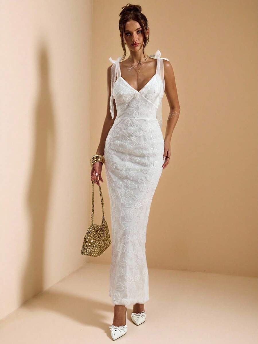 SHEIN BAE Women's Elegant White Summer Midi Dress,3D Floral Sequin Accents,Wedding Guest Outfit,Perfect For Graduation,Brunch,Bridesmaid & All White Party - White - View 1