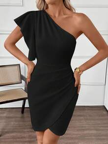 Miaspire 女式纯色荷叶边袖褶皱修身优雅迷你连衣裙