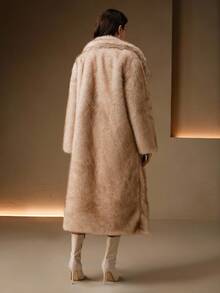 Anewsta 奢华蓬松人造毛领修身中长款大衣，冬季人造毛外套 - 米色 - 查看 5