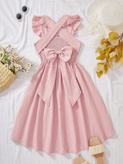 Sparklyn Tween Girls' Casual Elegant Collegiate Dress, Textured Fabric Green Cap Sleeve Pleated A-Line Dress With Bow Criss-Cross Back Straps, Suitable For Outings, Vacation, School, Spring/Summer Pink Dress For Girls Girls Pink Bow Dress Ruffle Dress Girls Pink Girls Summer Dress Girls Casual Dress