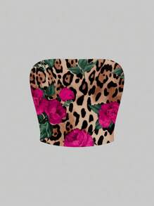 Slaydiva Sexy Leopard Print & Floral Pattern Halter Crop Top And Mermaid Skirt 2 Pieces Set, Casual & Sexy Style, Suitable For Summer Vacation - Multicolor - View 4