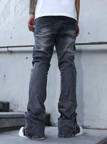 Manfinity EMRG Men's Distressed Pleated Pocket Casual Flare Jeans Men Gray Ripped Jeans Stacked Jeans Men Ripped Jeans, Emo Style - Dark Grey - View 2