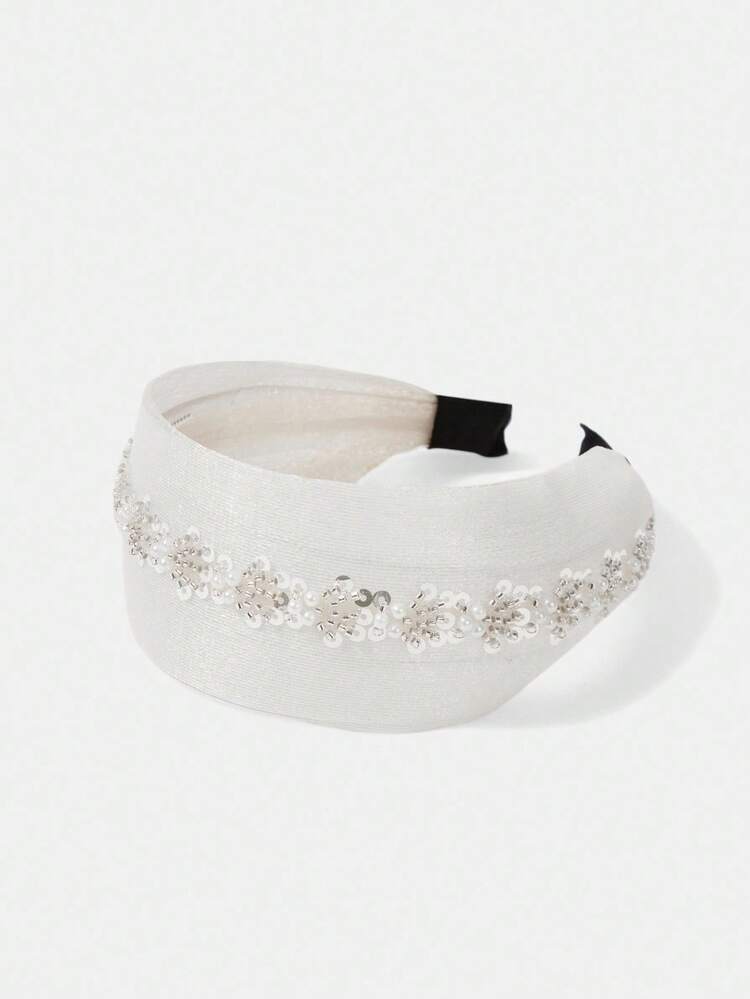 BANDEAU BLANC EN MAILLE AVEC STRASS ET FAUX PERLES