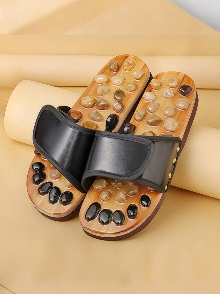 SHEIN 男士足部穴位按摩拖鞋，中医针灸按摩旋转足部按摩鞋，男女适用（每双拖鞋上的鹅卵石略有不同） - 黑色 - 查看 1