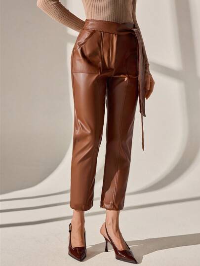 CLARA VERO Fashionable Commuter Solid Color Lace-Up Waist Tapered Pants,Trousers,Petite Trousers,Trousers For Women,Petite Women Clothing,Autumn Outfits Women,Autumn,Winter Clothes,Black Trousers,Petite,Wide Leg Trousers Women