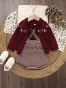 SHEIN 2pcs Baby/Toddler Casual Minimalist Round Neck Long Sleeve Cardigan & Bib Pants Set Fall Winter - Burgundy - View 3