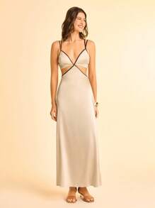 CAJUNI Vestido largo con espalda descubierta y ribete de color contrastante, sexy para el verano - Albaricoque - Ver 6