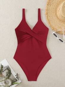 Swim Vcay 1pc Women's Striped Criss-Cross Front One-Piece Swimsuit, Vacation Wear For Summer - Red - View 6