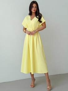 Firerie Women's Simple Elegant Casual V-Neck Dolman Sleeve Cinched Waist A-Line Mid-Length Dress In Pale Yellow, Suitable For Daily Commute And Work