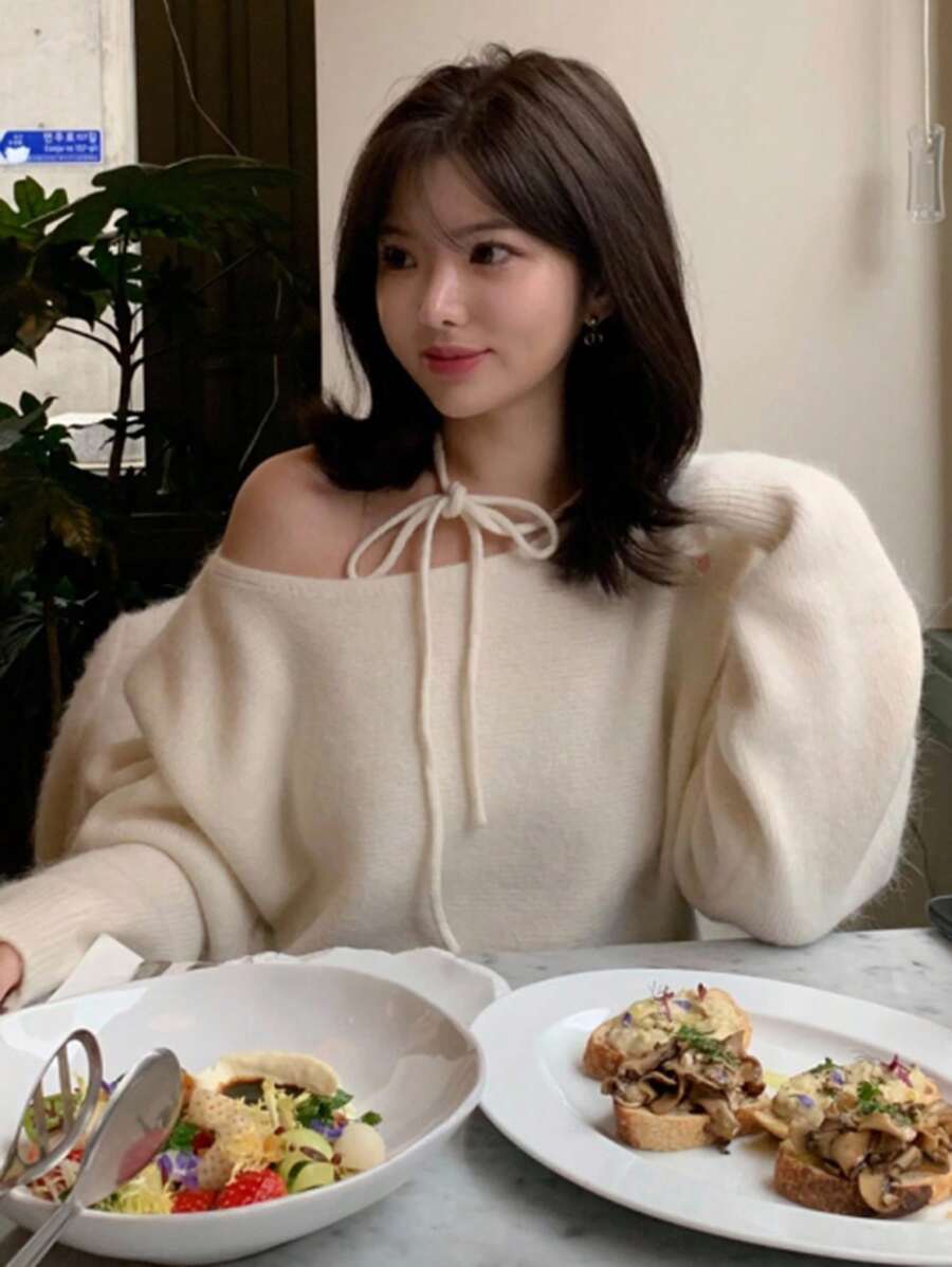 DAZY Autumn/Winter Versatile Round Neck Halter Tie Design Loose Fit Long Sleeve Sweater For Women,Fall Women Clothes - Beige - View 1