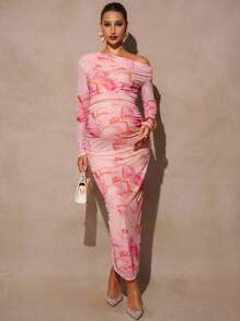 MaterniChic 2 件孕妇套装：极简印花不对称领口长袖上衣和裙子