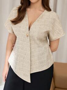 Auralis 大码女式单扣蝙蝠袖宽松休闲衬衫 - 杏色 - 查看 6