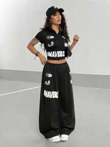StreetHx Women's Letter Print Short Sleeve Cropped Top And Wide Leg Pants Casual Streetwear Sports 2 Pieces Set Everyday Going Out Black And White Summer - Black - View 1