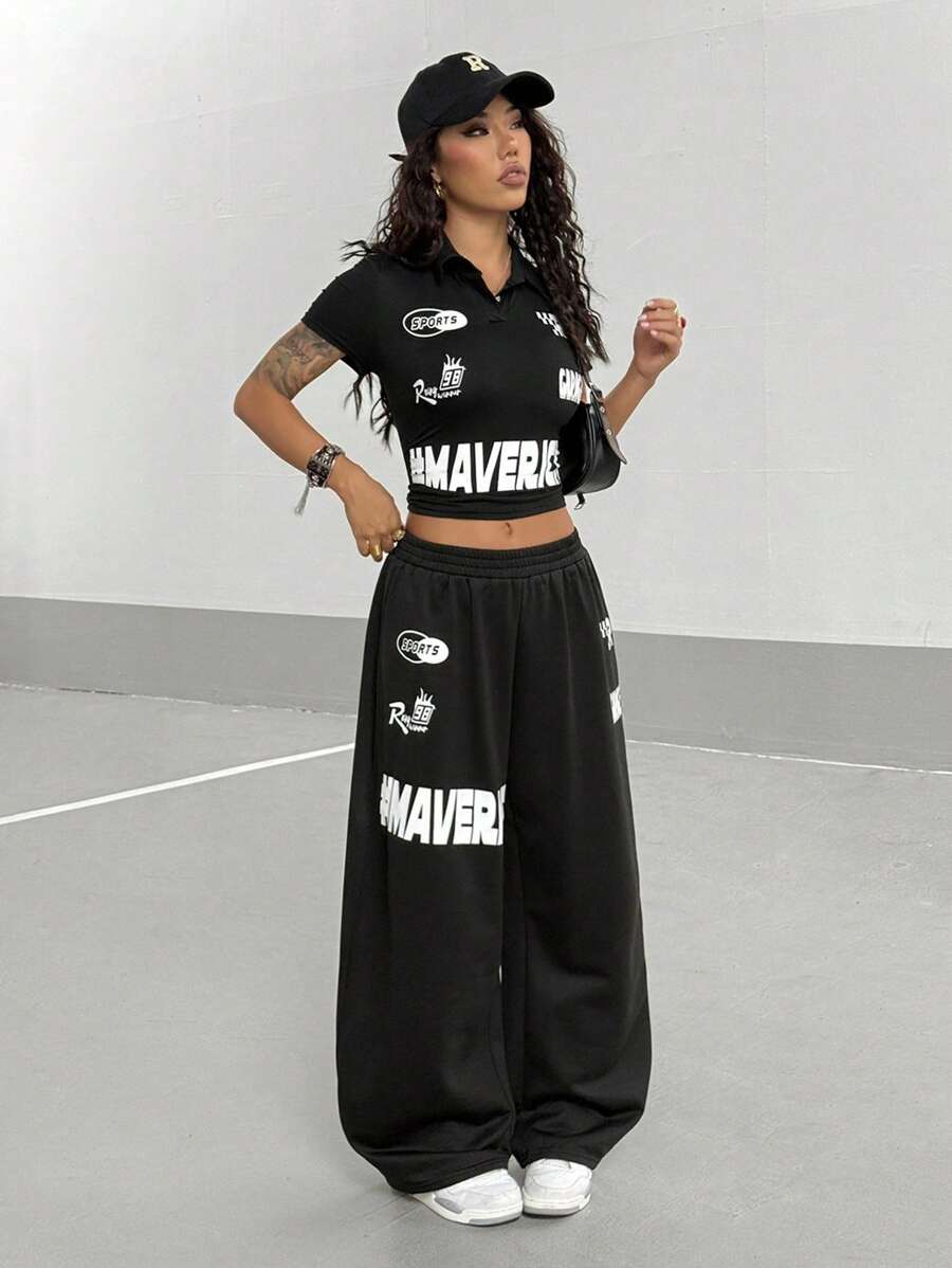 StreetHx Women's Letter Print Short Sleeve Cropped Top And Wide Leg Pants Casual Streetwear Sports 2 Pieces Set Everyday Going Out Black And White Summer - Black - View 1