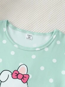 SHEIN 2 件套女童可爱兔子波尔卡圆点印花短袖上衣和宽松裤子休闲舒适睡衣 - 綠色 - 查看 4